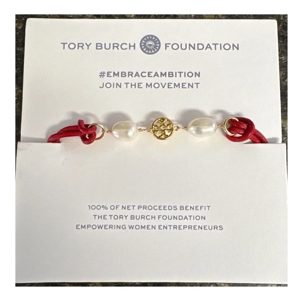 Tory Burch Embrace Ambition Red Silk Cord Pearl Bracelet Gold Logo Medallion